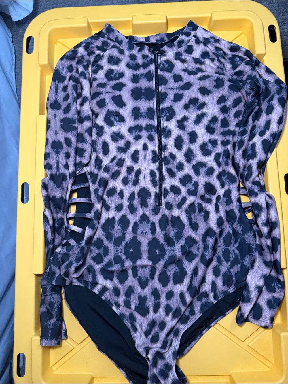 Long Sleeve Leopard Print One-Piece Swimsuit - black